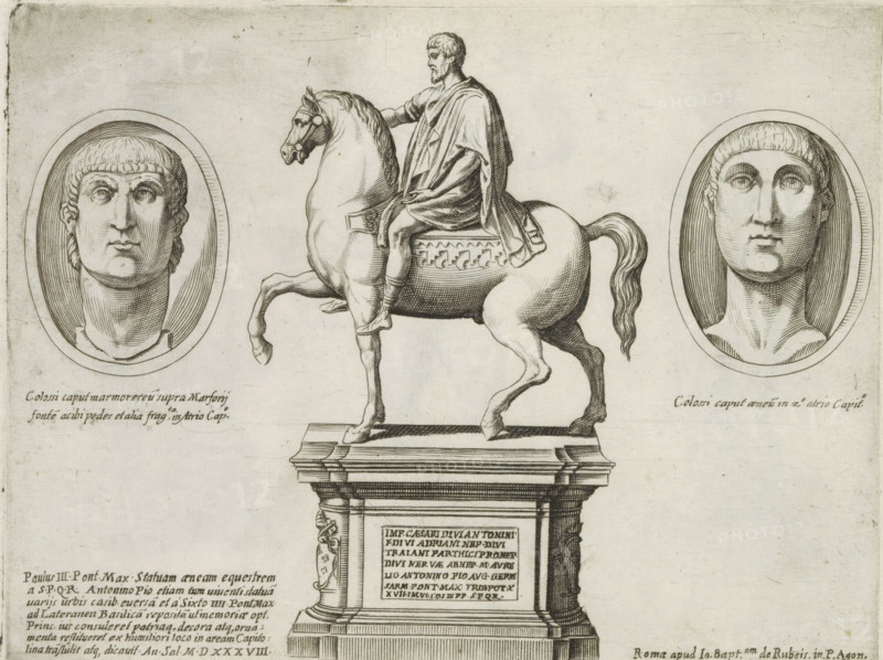 Portrait busts of Emperor Constantine and the equestrian statue of Emperor Marcus Aurelius, Sculptures from antiquity, print, album page, Print is part of an album., number: '52', inscription: 'Ende lib. No. 4 fol. 98. lib. No. 12 fol. 11. No. 23...', Italy, publisher: Giovanni Battista de' Rossi, Rome, publisher: Antonio Salamanca, grantor of privilege: Urban VIII, Vatican City, 1538, 1641, Giovanni Battista de' Rossi, Antonio Salamanca, Urban VIII, printmaker, grantor of privilege, paper, engraving, height 180 mm x width 238 mm, This print is part of a series of at least 19 prints of sculptures from antiquity. The sculptures are located in the Capitoline Museums in Rome., Person, Marcus Aurelius (Emperor of the Roman Empire), Constantine II (Emperor of the Roman Empire), piece of sculpture, reproduction of a piece of sculpture, historical persons, A detailed engraving shows a large equestrian statue of a robed man seated on a prancing horse atop a multi-tiered pedestal, with the hors...