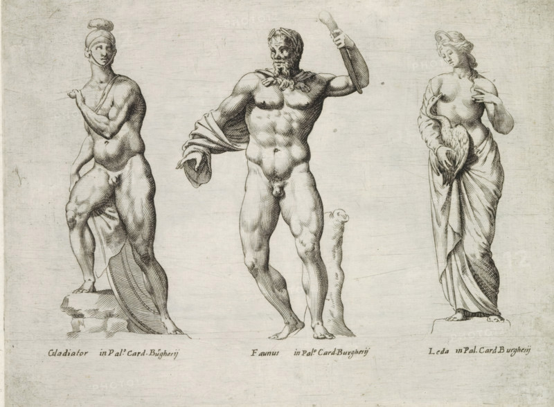 Sculptures of a gladiator, a faun and Leda with the swan, Sculptures from antiquity, print, album page, Captions in Latin. Print is part of an album., number: '53', inscription: 'Ende lib. No. 20 fol. 44., et lib. No. 14 fol. 62 et 63...', Italy, publisher: Giovanni Battista de' Rossi, Rome, publisher: Antonio Salamanca, grantor of privilege: Urban VIII, Vatican City, 1538, 1641, Giovanni Battista de' Rossi, Antonio Salamanca, Urban VIII, printmaker, granter of privilege, paper, engraving, height 180 mm x width 238 mm, This print is part of a series of at least 19 prints of sculptures from antiquity. The sculptures were in the collection of Villa Borghese., piece of sculpture, reproduction of a piece of sculpture, satyrs, fauns, Sileni, Jupiter, in the shape of a swan, and Leda, fight of gladiators, Three standing classical-style figures rendered in fine black linework across a light background, each positioned on its own small base; on the left a partly draped female figure wearing a ...