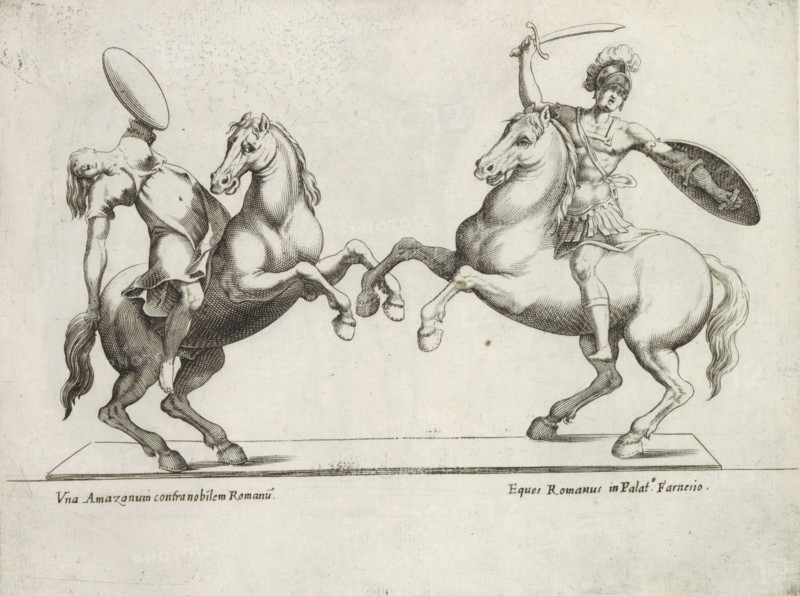 Sculptures of an Amazon on horseback and a Roman soldier on horseback, Sculptures from antiquity, print, album page, Captions in Latin. Print is part of an album., inscription: 'Ende lib. No. 12 fol. 19 ... lib. No. 14 fol. 62 et 63., Ende ... No. 6.', number: '54', Italy, publisher: Giovanni Battista de' Rossi, Rome, publisher: Antonio Salamanca, grantor of privilege: Urban VIII, Vatican City, 1538, 1641, Giovanni Battista de' Rossi, Antonio Salamanca, Urban VIII, printmaker, grantor of privilege, paper, engraving, height 180 mm x width 238 mm, This print is part of a series of at least 19 prints of sculptures from antiquity. The statues are located in the Museo archeologico Nazionale di Napoli., piece of sculpture, reproduction of a piece of sculpture, the soldier, the soldier's life, (story of) the Amazons, Two horse-mounted figures face each other on a raised rectangular platform, each horse rearing with front legs lifted and tails flowing. On the left, a rider leans back with long...