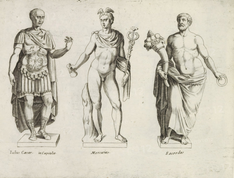 Sculptures of Julius Caesar, Mercury and a priest with a horn of plenty, Sculptures from antiquity, print, album page, Captions in Latin. Print is part of an album., number: '55', inscription: 'Ende lib. No. 19 fol. 1 et lib. No. 20 fol. 49...', Italy, publisher: Giovanni Battista de' Rossi, Rome, publisher: Antonio Salamanca, grantor of privilege: Urban VIII, Vatican City, 1538, 1641, Giovanni Battista de' Rossi, Antonio Salamanca, Urban VIII, printmaker, grantor of privilege, paper, engraving, height 180 mm x width 238 mm, This print is part of a series of at least 19 prints of sculptures from antiquity. The statue of Caesar is located in the Capitoline Museums in Rome., Person, Julius Caesar, piece of sculpture, reproduction of a piece of sculpture, (story of) Mercury (Hermes), (story of) C. Julius Caesar, priest, Roman religion, Three standing classical statues rendered in line engraving fill the image, each on a rectangular plinth. The left figure is armored with a decorative brea...