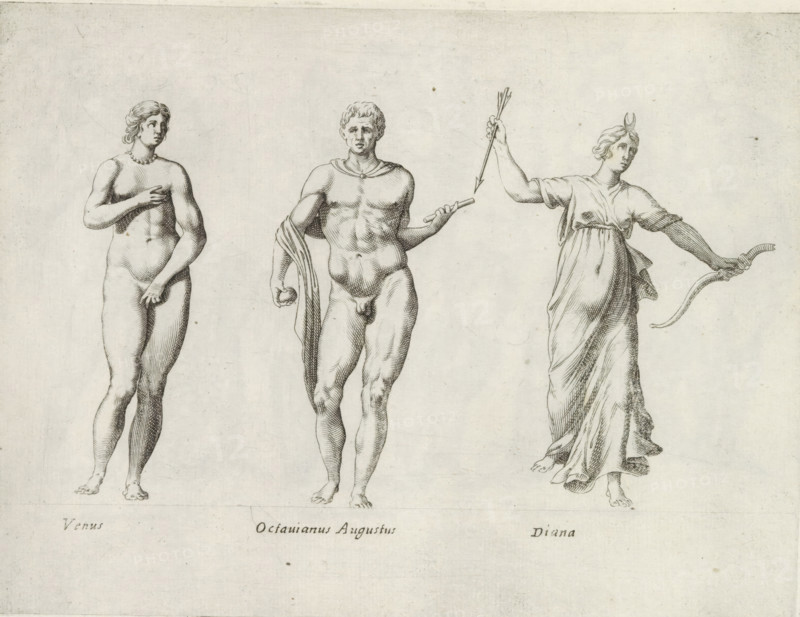 Sculptures of Venus, Emperor Augustus and Diana, Sculptures from antiquity, print, album page, Captions in Latin. Print is part of an album., inscription: 'Ende lib. No. 20 fol. 51....', number: '56', Italy, publisher: Giovanni Battista de' Rossi, Rome, publisher: Antonio Salamanca, grantor of privilege: Urbanus VIII, Vatican City, 1538, 1641, Giovanni Battista de' Rossi, Antonio Salamanca, Urbanus VIII, printmaker, grantor of privilege, paper, engraving, height 180 mm x width 238 mm, This print is part of a series of at least 19 prints of sculptures from antiquity., Person, Augustus (emperor of the Roman Empire), piece of sculpture, reproduction of a piece of sculpture, (story of) Venus (Aphrodite), (story of) Diana (Artemis), (story of) Augustus, the Roman emperor, Three classical figures are drawn in fine line work on a light background. On the left stands a nude female figure with short wavy hair and a beaded necklace, one hand placed near her chest and the other resting near her h...