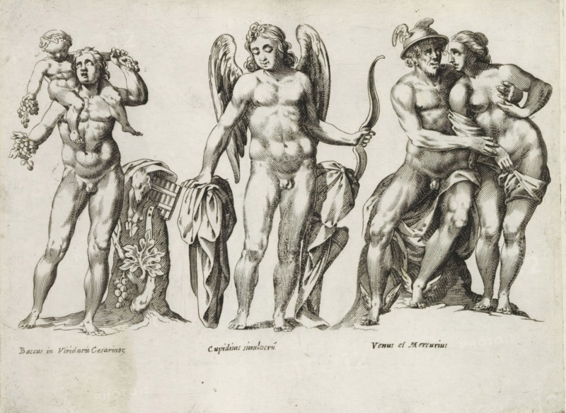 Sculptures of Bacchus, Cupid and Mercury and Venus as lovers, Sculptures from antiquity, print, album page, Captions in Latin. Print is part of an album., number: '57', inscription: 'Ende lib. No. 1 fol. 54., Ende lib. No. 20 fol. 21...', Italy, publisher: Giovanni Battista de' Rossi, Rome, publisher: Antonio Salamanca, grantor of privilege: Urban VIII, Vatican City, 1538, 1641, Giovanni Battista de' Rossi, Antonio Salamanca, Urban VIII, printmaker, granter of privilege, paper, engraving, height 180 mm x width 238 mm, This print is part of a series of at least 19 prints of sculptures from antiquity. The statue of Bacchus is located in Palazzo Farnese in Rome., piece of sculpture, reproduction of a piece of sculpture, (story of) Cupid, Amor (Eros), (story of) Bacchus (Dionysus), Liber, Mercury and Venus as lovers, A black and white engraving shows three groups of standing nude figures across the width of the image. On the left a muscular adult male holds a bunch of grapes while a small ...