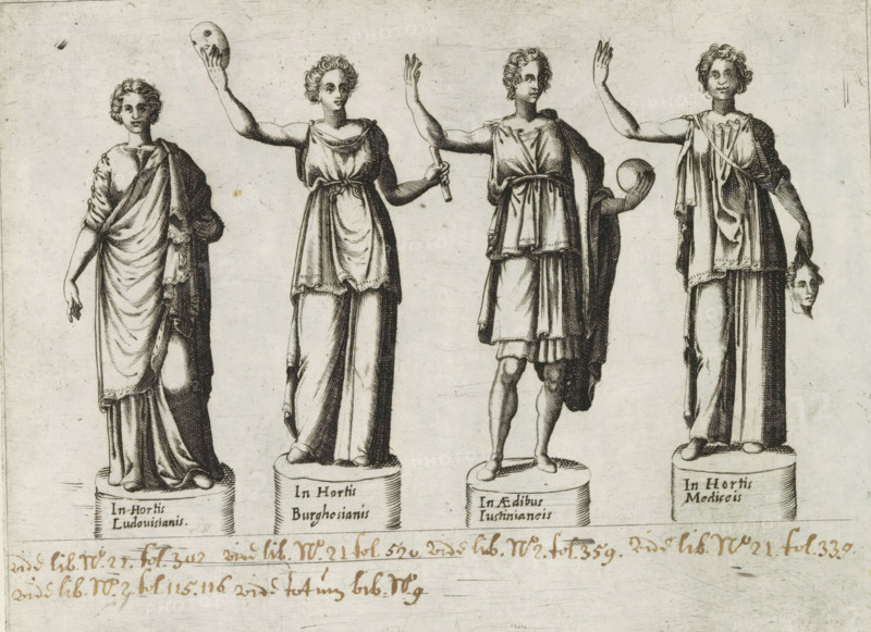 Sculptures of nymphs or muses, Sculptures from antiquity, print, album page, Four sculptures of nymphs or muses, originating from various gardens in Rome. Captions in Latin. Print is part of an album., inscription: 'Ende lib. No. 22. fol. 302, Ende lib. No. 21. fol. 520 Ende lib. No. 2. fol. 359...', number: '59', Italy, publisher: Giovanni Battista de' Rossi, Rome, publisher: Antonio Salamanca, grantor of privilege: Urban VIII, Vatican City, 1538, 1641, Giovanni Battista de' Rossi, Antonio Salamanca, Urban VIII, printmaker, grantor of privilege, paper, engraving, height 176 mm x width 234 mm, This print is part of a series of at least 19 prints of sculptures from antiquity., piece of sculpture, reproduction of a piece of sculpture, nymphs (in general), 'Ninfe in commune' (Ripa), (story of the) Muses, 'Muse' (Ripa), Four standing statues on separate round plinths are depicted in a row against a plain background, each figure draped in flowing garments with visible folds and shading; the...
