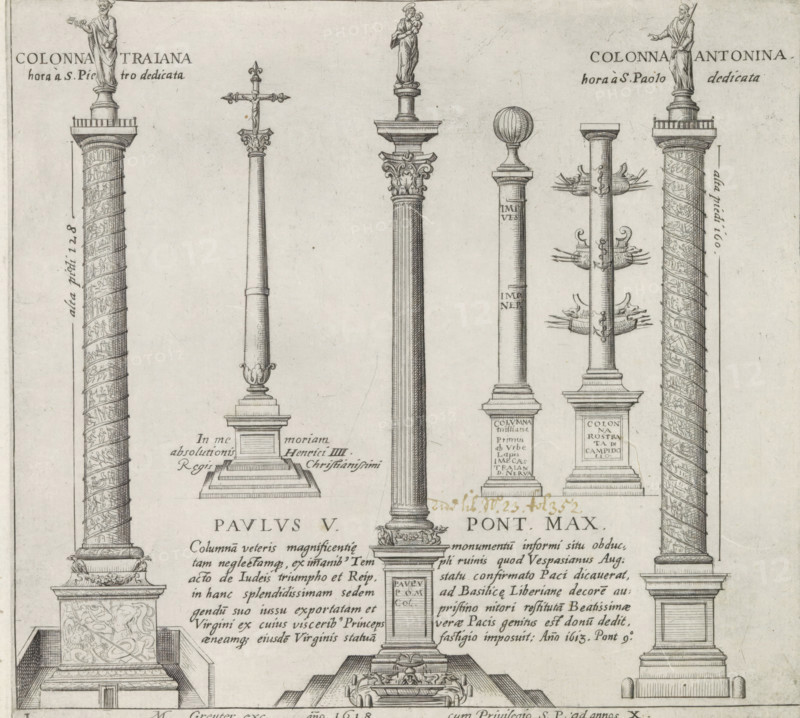 Memorial columns, Monuments and buildings erected during the pontificates of Popes Paul V and Sixtus V, print, album page, Series number, 1, 12, Six memorial columns in Rome: the Column of Trajan, the column erected for King Henry IV of France, the Colonna della Pace, the Milliarium Aureum, the Columna rostrata and the Column of Marcus Aurelius. Print is part of an album., inscription: 'Ende lib. No. 23. fol. 600 et 601., Ende lib. no. 21. fol. 499. 500, Ende lib. No. 2. fol. 107. 113...', number: '6', printmaker: Matthäus Greuter, Rome, grantor of privilege: Paul V, Vatican City, 1618, paper, engraving, height 206 mm x width 225 mm, This print is part of a series of twelve prints depicting monuments and buildings erected during the pontificates of Pope Paul V and Sixtus V., monument, statue, column, pillar, architecture, Column of Trajan, Column of Marcus Aurelius, A detailed engraving shows a series of vertical columns with varied capitals and bases, some topped by statues of robed f...