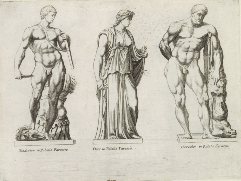 Sculptures of a gladiator, Flora and Hercules, Sculptures from antiquity, print, album page, Captions in Latin. Print is part of an album., inscription: 'Ende lib. No. 20 fol. 44. et lib. No. 14 fol. 62. 63...', number: '60', Italy, publisher: Giovanni Battista de' Rossi, Rome, publisher: Antonio Salamanca, grantor of privilege: Urban VIII, Vatican City, 1538, 1641, Giovanni Battista de' Rossi, Antonio Salamanca, Urban VIII, printmaker, grantor of privilege, paper, engraving, height 178 mm x width 237 mm, This print is part of a series of at least 19 prints of sculptures from antiquity. The statues are located in Palazzo Farnese in Rome., piece of sculpture, reproduction of a piece of sculpture, (story of) Hercules (Heracles), (story of) Flora, fight of gladiators, Three carved figures stand side by side on separate rectangular bases against a plain background. The left figure is a nude male with a muscular build holding a short club or handle in one hand and a curved strap draped over...