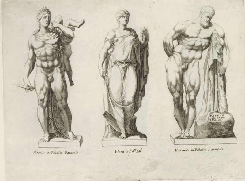 Sculptures of Atreus, Flora and the Farnese Hercules, Sculptures from antiquity, print, album page, Captions in Latin. Print is part of an album., number: '61', inscription: 'Ende lib. No. 20 fol. 41., Ende lib. No. 4...', Italy, publisher: Giovanni Battista de' Rossi, Rome, publisher: Antonio Salamanca, grantor of privilege: Urban VIII, Vatican City, 1538, 1641, Giovanni Battista de' Rossi, Antonio Salamanca, Urban VIII, printmaker, granter of privilege, paper, engraving, height 178 mm x width 237 mm, This print is part of a series of at least 19 prints of sculptures from antiquity. The statues are located in Palazzo Farnese in Rome., piece of sculpture, reproduction of a piece of sculpture, (story of) Hercules (Heracles), (story of) Flora, (story of) Atreus, Three classical-style statues stand side by side on rectangular bases against a plain background. The left figure is a muscular male with short curly hair wearing a draped cloth over one shoulder and carrying a curved object over...