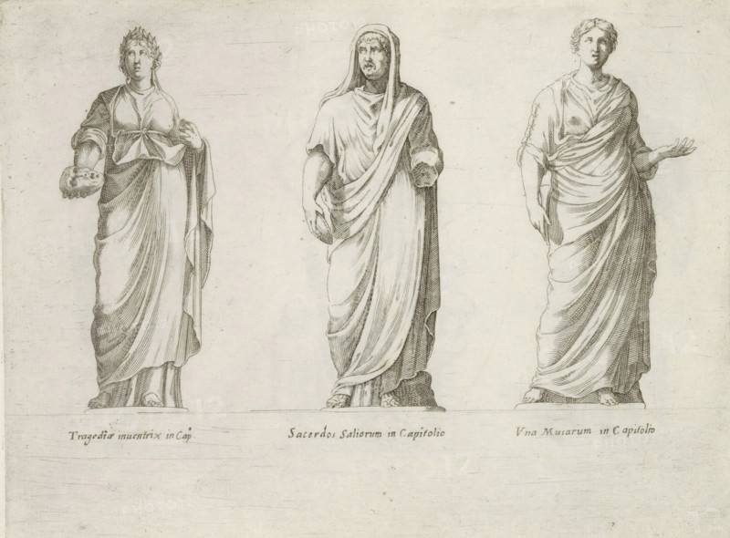 Sculptures of Tragedy, a Roman priest and a muse, Sculptures from antiquity, print, album page, Captions in Latin. Print is part of an album., number: '62', inscription: 'Ende lib. No. 4. fol. 20, Ende lib. No. 21. fol. 402...', Italy, publisher: Giovanni Battista de' Rossi, Rome, publisher: Antonio Salamanca, grantor of privilege: Urban VIII, Vatican City, 1538, 1641, Giovanni Battista de' Rossi, Antonio Salamanca, Urban VIII, printmaker, grantor of privilege, paper, engraving, height 179 mm x width 236 mm, This print is part of a series of at least 19 prints of sculptures from antiquity. The statues are in the Capitoline Museums in Rome., piece of sculpture, reproduction of a piece of sculpture, single Muses, 'Tragedia' (Ripa), priest, Roman religion, Three upright carved figures stand side by side against a plain background, each depicted in draped classical robes and standing on rectangular bases. The left figure wears a laurel wreath, has a long flowing garment with folds gathered...