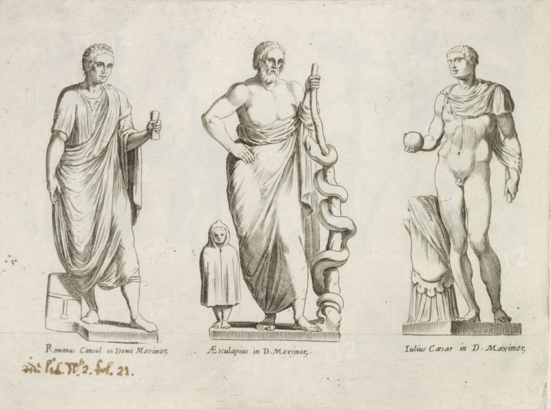 Sculptures of a Roman consul, Asclepius and Julius Caesar, Sculptures from antiquity, print, album page, Captions in Latin. Print is part of an album., number: '63', inscription: 'Ende lib. No. 4 fol. 99 et, ... fol. 108 ... fol. 214...', Italy, publisher: Giovanni Battista de' Rossi, Rome, publisher: Antonio Salamanca, grantor of privilege: Urban VIII, Vatican City, 1538, 1641, Giovanni Battista de' Rossi, Antonio Salamanca, Urban VIII, printmaker, grantor of privilege, paper, engraving, height 179 mm x width 236 mm, This print is part of a series of at least 19 prints of sculptures from antiquity., piece of sculpture, reproduction of a piece of sculpture, politician, eg party leader, (story of) C. Julius Caesar, (story of) Aesculapius (Asclepius), Three standing male figures and a small cloaked child are drawn in a sketchy engraving style on a light background, each on a rectangular pedestal. The left figure wears draped robes with sandals, holds a rolled object in one hand and rests...