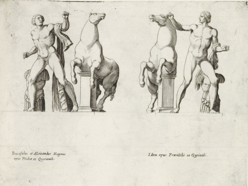 Sculptures of the Dioscuri with horses, Sculptures from antiquity, print, album page, Two statues of the Dioscuri (Castor and Pollux), two naked men with horses. Previously interpreted as the artists Pheidias and Praxiteles. The statues are located in the Piazza del Quirinale in Rome. Captions in Latin. Print is part of an album., number: '64', inscription: 'Ende lib. No.23 fol. 460, Ende lib. No. 21 fol. 180 et 181, Ende lib. No. 1. fol. 115, 150. lib. No. 8. fol. 7. 93crossed out.', Italy, publisher: Giovanni Battista de' Rossi, Rome, publisher: Antonio Salamanca, grantor of privilege: Urban VIII, Vatican City, 1538, 1641, Giovanni Battista de' Rossi, Antonio Salamanca, Urban VIII, printmaker, grantor of privilege, paper, engraving, height 177 mm x width 235 mm, This print is part of a series of at least 19 prints of sculptures from antiquity., piece of sculpture, reproduction of a piece of sculpture, (story of) the Dioscuri: Castor (the horse-tamer) and Pollux (the boxer) - attribut...