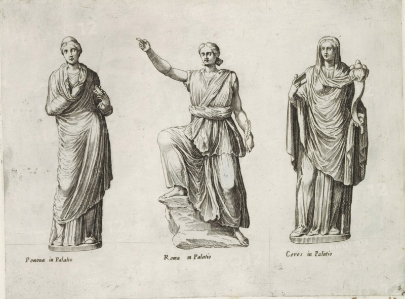 Sculptures of Pomona, Roma, and Ceres, Sculptures from Antiquity, print, album page, Captions in Latin. Print is part of an album., inscription: 'Ende lib. No. 4 ... fol. 45 ... fol. 50...', number: '65', Italy, publisher: Giovanni Battista de' Rossi, Rome, publisher: Antonio Salamanca, grantor of privilege: Urban VIII, Vatican City, 1538, 1641, Giovanni Battista de' Rossi, Antonio Salamanca, Urban VIII, printmaker, grantor of privilege, paper, engraving, height 180 mm x width 239 mm, This print is part of a series of at least 19 prints of sculptures from antiquity., piece of sculpture, reproduction of a piece of sculpture, (story of) Ceres (Demeter), Pomona, Three standing sculptural figures rendered in fine black line on a light, slightly textured background, each draped in flowing classical robes with detailed folds. The figure on the left faces forward with a gentle tilt of the head, a draped shawl across the shoulders and one arm bent at the side, the lower garment falling straigh...