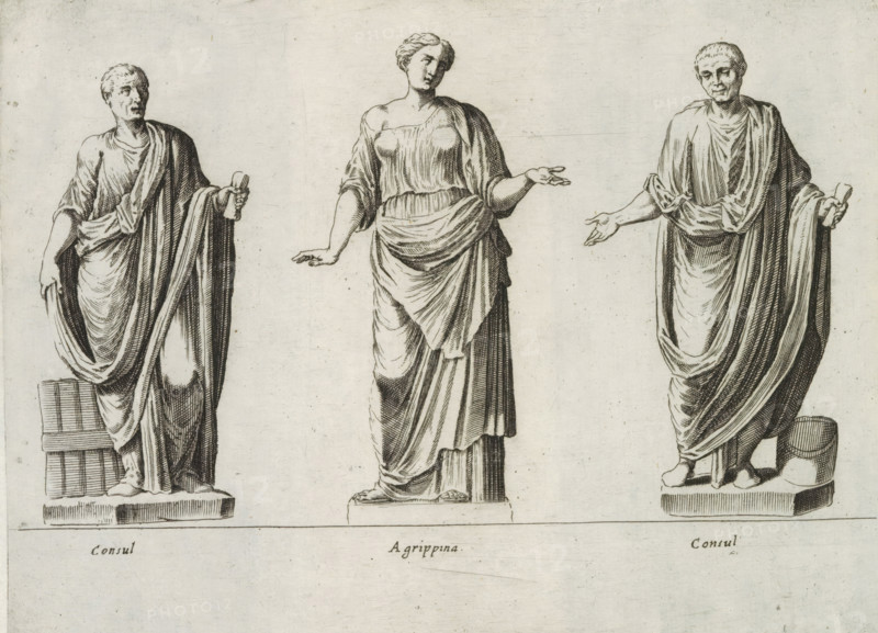 Sculptures of Roman consuls and Agrippina, Sculptures from antiquity, print, album page, Captions in Latin. Print is part of an album., number: '66', inscription: 'Ende lib. No. 4 fol. 99 et...', Italy, publisher: Giovanni Battista de' Rossi, Rome, publisher: Antonio Salamanca, grantor of privilege: Urban VIII, Vatican City, 1538, 1641, Giovanni Battista de' Rossi, Antonio Salamanca, Urban VIII, printmaker, grantor of privilege, paper, engraving, height 180 mm x width 239 mm, This print is part of a series of at least 19 prints of sculptures from antiquity., Person, Agrippina minor, piece of sculpture, reproduction of a piece of sculpture, politician, eg party leader, ruler, sovereign - BB - female ruler, Three engraved statue figures stand side by side on a light background. The left figure is draped in long flowing robes with one arm bent holding a small rectangular object and the other hand lifting part of the garment, standing on a rectangular base beside a stack of blocks. The cen...