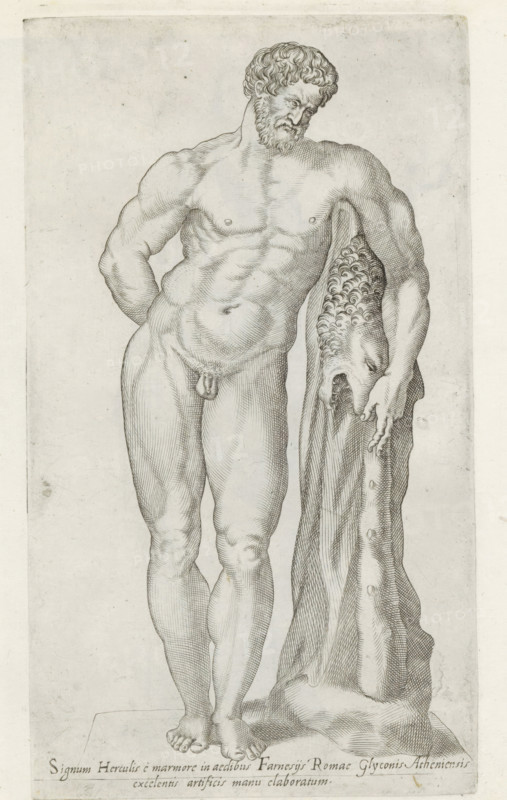 Hercules Farnese, Sculptures from Antiquity, print, album page, Caption in Latin. Print is part of an album., inscription: 'Ende lib. No. 23. fol. 460. Ende lib. No. 20 fol. 43. 49 et lib. No. 4 ... folio 20 ... 16. Ende lib. No. 21. fol. 353', number: '68', Italy, 1600 - 1699, printmaker, paper, etching, engraving, height 227 mm x width 130 mm, This print is part of a series of at least 50 prints of sculptures from antiquity., piece of sculpture, reproduction of a piece of sculpture, (story of) Hercules (Heracles), A monochrome line engraving of a standing nude male figure shown from head to feet, facing slightly to the viewer's left with his head tilted down and to the side, curly hair and a beard, muscular torso and limbs with detailed hatching to indicate form and shadow, one arm bent behind his back and the other arm resting on a draped, textured cloth that hangs beside him and shows decorative curl-like patterns and folds, the figure's hands and feet visible with fine linework on...