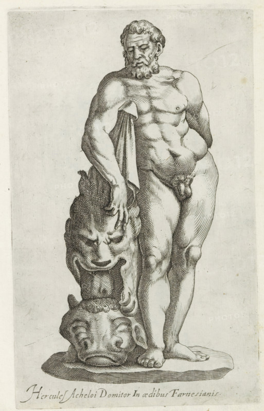 Sculpture of Hercules leaning on the bull of Crete, Sculptures from antiquity, print, album page, Caption in Latin. Print is part of an album., inscription: 'Ende lib. No. 23. fol. 460. Ende lib. No. 20 fol. 43. 49 et lib. No. 4 ... folio 20 ... 16. Ende lib. No. 21. fol. 353', number: '68', Italy, 1600 - 1699, printmaker, paper, etching, engraving, height 224 mm x width 138 mm, This print is part of a series of at least 50 prints of sculptures from antiquity., piece of sculpture, reproduction of a piece of sculpture, (7) the Cretan bull is captured by Hercules, A black and white line engraving of a standing male nude with a beard and curly hair, shown from head to feet on a flat base; he has a muscular torso and relaxed posture, one arm hanging down holding a cloth that drapes over a large carved head beside him, while the other arm rests at his side; the carved head has stylized facial features and sits above another sculpted head on the base, and the man's feet are positioned near t...