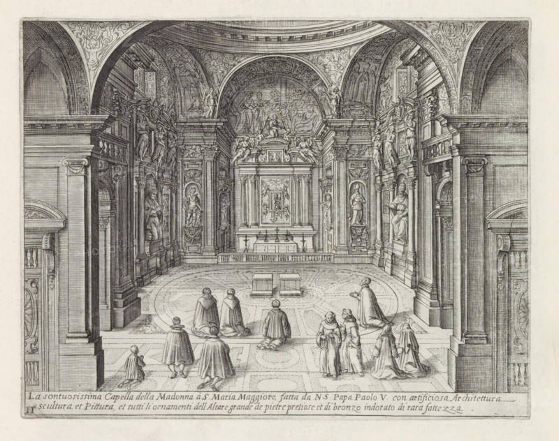 Cappella Paolina in the Santa Maria Maggiore in Rome, La sontuosissima Capella della Madonna à S. Maria Maggior, Monuments and buildings erected during the pontificates of Popes Paul V and Sixtus V, print, album page, Series number, 2, 12, View in the Cappella Paolina in the Santa Maria Maggiore in Rome. Clergy kneeling in the chapel. Title in Italian in the lower margin. Print is part of an album., inscription: 'Ende lib. No. 23. fol. 24 et 258, Ende lib. No. 1. fol. 39. lib. No. 21. fol. 489. 490. 8.', number: '7', printmaker: Matthäus Greuter, Rome, grantor of privilege: Paulus V, Vatican City, 1618, granter of privilege, paper, engraving, height 175 mm x width 224 mm, This print is part of a series of twelve prints with monuments and buildings erected during the pontificates of Pope Paul V and Sixtus V., interior of church, parts of church interior: chapel, Santa Maria Maggiore (Rome), Cappella Paolina, An interior view rendered in fine line work showing a vaulted ceremonial space ...