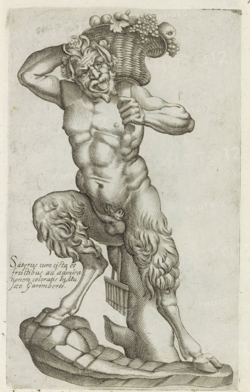 Sculpture of a satyr, Sculptures from antiquity, print, album page, Caption in Latin. Print is part of an album., inscription: 'Ende lib. No. 21. fol. 339. Ende lib. No. 23. fol. 79.', number: '70', inscription: 'Ende lib. No. 4. fol. 137.', Italy, 1600 - 1699, printmaker, paper, etching, engraving, etching and engraving, height 224 mm x width 135 mm, This print is part of a series of at least 50 prints of sculptures from antiquity., piece of sculpture, reproduction of a piece of sculpture, satyr(s) (in general), A monochrome engraving shows a muscular male figure with a goatlike lower body standing on a rocky base and bearing a large woven basket of fruit on one shoulder, his torso and arms rendered with detailed crosshatching and his face bearing a bearded, expressive look, one hand raised to his head and the other gripping the basket strap, the basket overflowing with round fruits and leafy elements, the creature’s furred legs and cloven hooves visible, and a small pan flute hanging...
