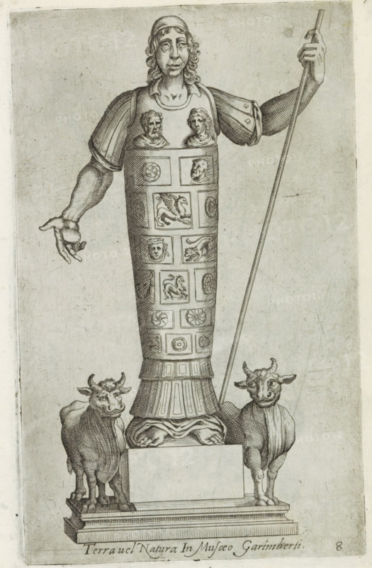 Sculpture of a shepherd between two oxen, Sculptures from antiquity, print, album page, Caption in Latin. Numbered lower right: 8. Print is part of an album., number: '75', inscription: 'Ende lib. No. 4 fol. 151.', Italy, 1600 - 1699, printmaker, paper, etching, engraving, etching and engraving, height 221 mm x width 137 mm, This print is part of a series of at least 50 prints of sculptures from antiquity., piece of sculpture, reproduction of a piece of sculpture, herding, herdsman, herdswoman, shepherd, shepherdess, cowherd, ox, A tall carved figure stands on a stepped pedestal flanked by two cattle, the figure wearing a long, cylindrical garment decorated with multiple framed relief panels showing various animal and human faces, with a pair of sculpted busts near the shoulders and a patterned skirt at the base; the figure has long curly hair, a rounded cap, and articulated shoulder armor, one arm extended with an open hand and the other holding a long staff; the two cattle are positi...