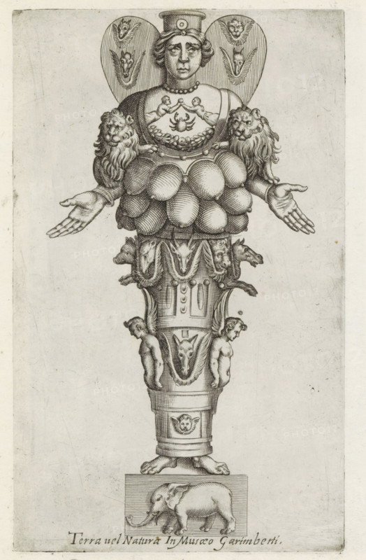 Sculpture of a fertility goddess with many breasts, Sculptures from antiquity, print, album page, Sculpture of a fertility goddess with many breasts. Two small lions sit on her arms. Around her waist is a circle with heads of wild animals. Winged figures sit at the level of her knees. She stands on a block with a depiction of an elephant. Caption in Latin. Print is part of an album., number: '76', inscription: 'Ende lib. No. 4 fol. 151.', inscription: 'Ende lib. No. 4 ... folio 20 ... 16 et No. 20 fol. 43 et 49.', Italy, 1600 - 1699, printmaker, paper, etching, engraving, height 222 mm x width 135 mm, This print is part of a series of at least 50 prints of sculptures from antiquity., piece of sculpture, reproduction of a piece of sculpture, other gods of fertility, A vertical engraved figure composed of stacked ornamental sections ending on a rectangular base with an elephant relief, showing a female bust at the top wearing a tall headpiece and a beaded necklace, flanked by two large w...