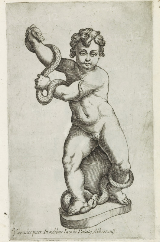 Sculpture of the young Hercules fighting two snakes, Sculptures from antiquity, print, album page, Caption in Latin. Print is part of an album., inscription: 'Ende lib. No. 4 ... folio 20 ... 16 et No. 20 fol. 43 et 49.', inscription: 'Ende lib. No. 4 fol. 151.', number: '76', Italy, 1600 - 1699, printmaker, paper, etching, engraving, height 223 mm x width 137 mm, This print is part of a series of at least 50 prints of sculptures from antiquity., piece of sculpture, reproduction of a piece of sculpture, Hercules strangles two serpents in his cradle, A monochrome line engraving of a nude childlike figure standing on an oval base, shown from head to midlegs, with curly hair and a rounded face looking forward; the figure holds a coiled snake with both hands, one arm raised and the other across the chest, and the snake winds around the arms and legs and rests under the figure's feet; crosshatching and fine lines render muscles, shadows, and textured scales on the snake against a lightly mo...