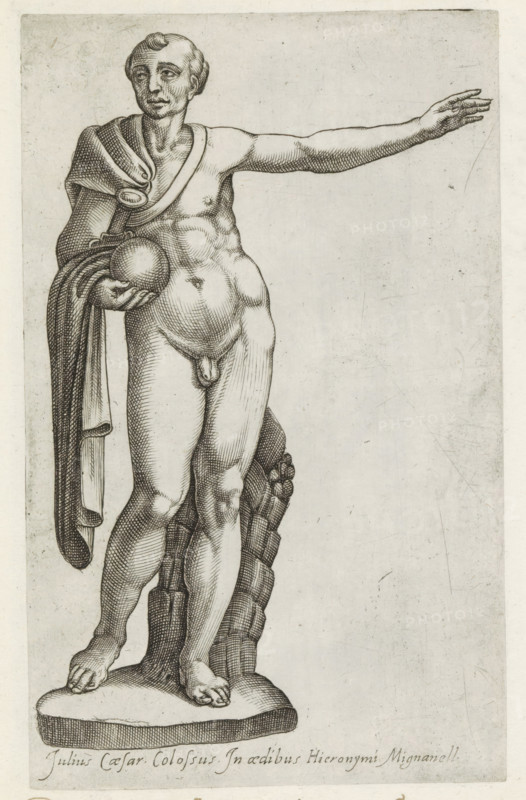 Sculpture of Julius Caesar, Sculptures from antiquity, print, album page, Caption in Latin. Print is part of an album., inscription: 'Ende lib. No. 20 fol. 49. et lib. No. 19 fol. 1, Ende lib. No. 17 fol. 3 No. 74.', number: '77', inscription: 'Ende lib. No. 4 ... fol. 66 ... fol. 72, 138, lib. No...', Italy, 1600 - 1699, printmaker, paper, etching, engraving, height 223 mm x width 137 mm, This print is part of a series of at least 50 prints of sculptures from antiquity., Person, Julius Caesar, piece of sculpture, reproduction of a piece of sculpture, (story of) C. Julius Caesar, A monochrome etching of a standing male nude statue shown from head to feet with one arm extended horizontally and the other holding a spherical object; the figure wears a draped cloth over one shoulder and across the back, has short curled hair and a calm facial expression, and stands on a shaped plinth with a support behind one leg that resembles a coiled or segmented form; shading is rendered with fine hatc...