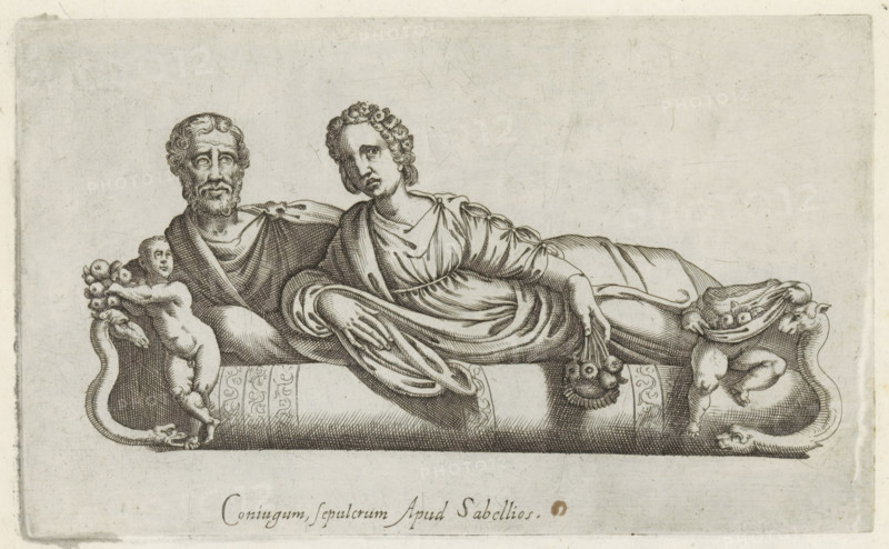 Lid of a sarcophagus with a double portrait of a couple, Sculptures from antiquity, print, album page, Caption in Latin. Print is part of an album., number: '78', inscription: 'Ende lib. No. 18. fol. 36.', inscription: 'Ende lib. No. 20 fol. 43. 49. et lib. no. 4 ... fol. 10 ... fol. 16.', Italy, 1600 - 1699, printmaker, paper, etching, engraving, height 136 mm x width 225 mm, This print is part of a series of at least 50 prints of sculptures from antiquity., piece of sculpture, reproduction of a piece of sculpture, anonymous historical persons portrayed in a double portrait, (story of) Bacchus (Dionysus), Liber, A monochrome engraving shows two reclining figures on a cushioned bier, one bearded and older with a draped garment and the other younger with curly hair wearing a flowing gown; both are propped against cushions and positioned side by side. Decorative elements include sculpted cherubic figures at each end of the bier, each holding clusters of round fruits, and stylized serpent...