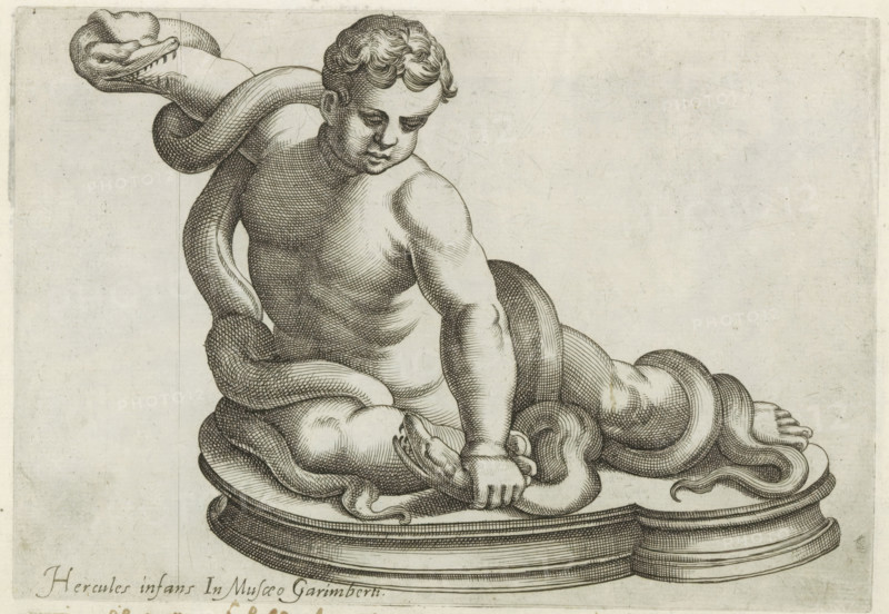 Sculpture of the young Hercules fighting two snakes, Sculptures from antiquity, print, album page, Caption in Latin. Print is part of an album., number: '78', inscription: 'Ende lib. No. 18. fol. 36.', inscription: 'Ende lib. No. 20 fol. 43. 49. et lib. no. 4 ... fol. 10 ... fol. 16.', Italy, 1600 - 1699, printmaker, paper, etching, engraving, height 152 mm x width 220 mm, This print is part of a series of at least 50 prints of sculptures from antiquity., piece of sculpture, reproduction of a piece of sculpture, Hercules strangles two serpents in his cradle, A detailed black and white engraving shows a seated muscular child with curly hair looking downward. A large coiled snake wraps around the child's body, its head positioned near the child's shoulder with an open mouth and visible teeth. The child grips part of the snake with one hand while the other rests on the snake's coils. The figures sit on a rounded, stepped pedestal with carved edges. The background is plain and lightly text...