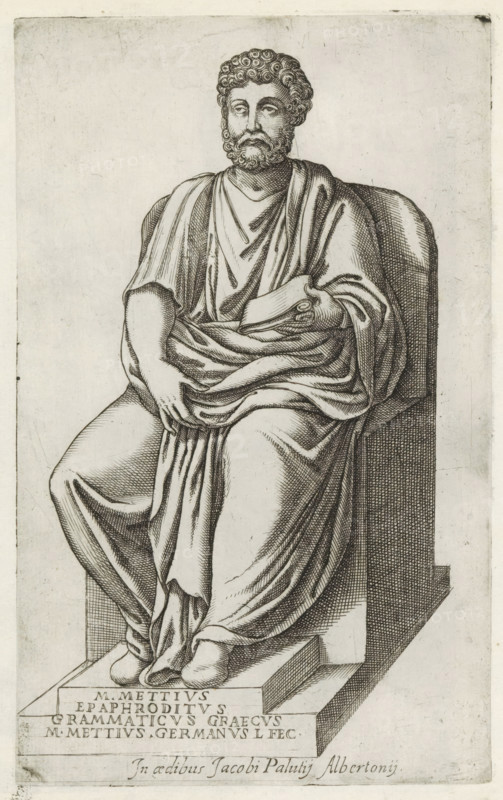 Sculpture by Marcus Mettius, Sculptures from antiquity, print, album page, Caption in Latin. Print is part of an album., number: '79', Italy, 1600 - 1699, printmaker, paper, etching, engraving, etching and engraving, height 222 mm x width 137 mm, This print is part of a series of at least 50 prints of sculptures from antiquity., Person, Marcus Mettius, piece of sculpture, reproduction of a piece of sculpture, historical persons, A monochrome engraved image of a seated male figure wearing draped robes, shown from head to feet, with curly hair and a full beard, resting one hand on his lap and the other holding a rolled object; he sits on a blocky chair with a high back and a stepped base, the robes cascading in detailed folds over his crossed legs and feet, and the overall composition framed by a plain background.