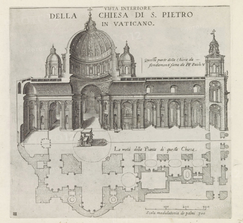 Interior view of the Church of St. Peter in the Vatican, St. Peter's Basilica in Vatican City, Monuments and buildings erected during the pontificates of Popes Paul V and Sixtus V, print, album page, Series number, 3, 12, A vertical cross-section and half of the floor plan of St. Peter's Basilica in Vatican City. Title in Italian above the image. Print is part of an album., inscription: 'Ende lib. No. 23. fol. 10 et foli ... Ende lib. No. 21. fol. 69 folio...', number: '8', printmaker: Matthäus Greuter, Rome, grantor of privilege: Paul V, Vatican City, 1618, paper, engraving, height 213 mm x width 224 mm, This print is part of a series of twelve prints depicting monuments and buildings erected during the pontificates of Pope Paul V and Sixtus V., interior of church, plan, architecture, St. Peter's Basilica, A detailed architectural engraving showing a large classical church facade and floor plan in monochrome ink, featuring a central domed structure with ornate decoration, smaller dome...
