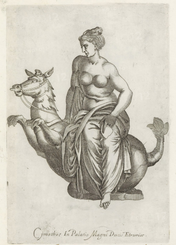Sculpture of the Nereid Cymothoe riding on a sea creature, Sculptures from antiquity, print, album page, Caption in Latin. Print is part of an album., number: '81', inscription: 'Ende lib. No. 21. fol. 339. Ende lib. No. 23. fol. 79.', Italy, 1600 - 1699, printmaker, paper, etching, engraving, etching and engraving, height 223 mm x width 152 mm, This print is part of a series of at least 50 prints of sculptures from antiquity., piece of sculpture, reproduction of a piece of sculpture, Nereids, daughters of Nereus, sea-nymphs, A black and white engraving shows a partially draped woman seated on a mythical creature with a horse-like head and a curled tail; the woman has hair gathered in a bun and a bare upper torso with detailed shading, her left arm rests on the creature while her right hand holds a piece of fabric that drapes over her lap and legs, and one bare foot protrudes below the drapery; the creature has decorative elements around its muzzle and a bridle, its front legs are rais...