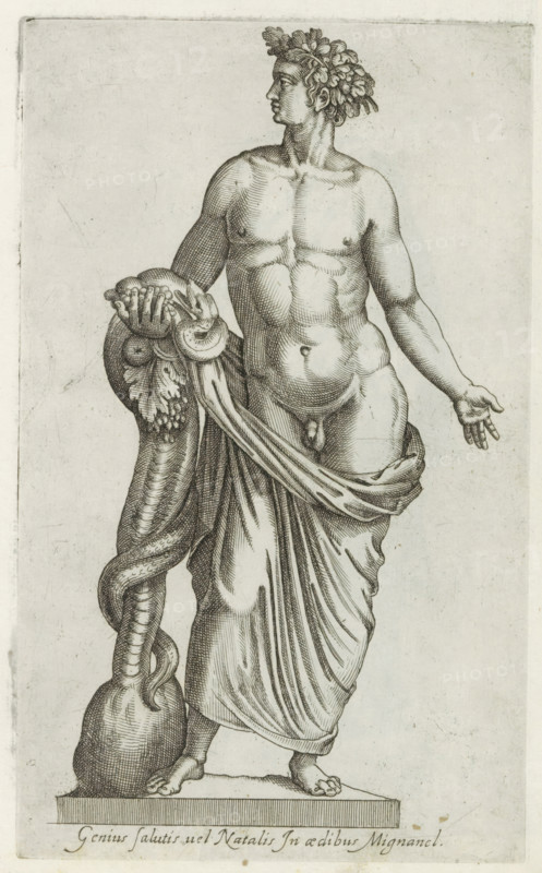 Sculpture of a nude figure with a snake, Sculptures from antiquity, print, album page, Caption in Latin. Print is part of an album., inscription: 'Ende lib. No. 21. fol. 339. Ende lib. No. 23. fol. 79.', number: '81', Italy, 1600 - 1699, printmaker, paper, etching, engraving, etching and engraving, height 223 mm x width 136 mm, This print is part of a series of at least 50 prints of sculptures from antiquity., piece of sculpture, reproduction of a piece of sculpture, nude with covered genitals, A monochrome engraving of a standing nude male figure wearing a wreath of leaves on his head, shown from head to feet and turned slightly to the side, with detailed musculature and crosshatching shading; one arm rests on a tall vessel with a coiled serpent draped around it while the other arm is extended outward with an open hand; a draped cloth wraps around the lower torso and falls in vertical folds down to the legs, partially covering the thighs and wrapping around the waist; the figure stand...