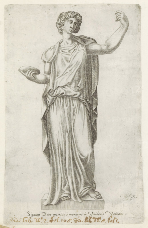 Sculpture of a goddess with a plate, Sculptures from antiquity, print, album page, Caption in Latin. Print is part of an album., number: '82', inscription: 'Ende lib. No. 2. fol. 105. Ende lib. No. 8. fol. 1.', inscription: 'Ende lib. no. 2. fol.... Ende lib. No. 8. fol. 1.', Italy, 1600 - 1699, printmaker, paper, engraving, gravure, height 225 mm x width 142 mm, This print is part of a series of at least 50 prints of sculptures from antiquity., piece of sculpture, reproduction of a piece of sculpture, representations, goddesses, demigoddesses, heroines etc. (Roman religion), A monochrome engraving of a classical-style female figure standing on a rectangular plinth, draped in flowing robes with detailed folds, one arm raised with an open hand and the other extended holding a shallow dish, curly hair styled close to the head, a serene facial expression with eyes looking slightly to the side, bare feet visible beneath the drapery, and a plain lightly textured background.