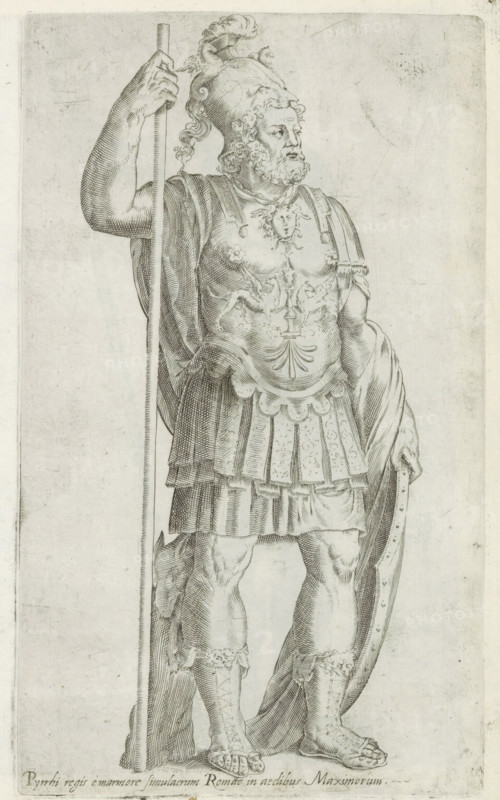 Sculpture of Pyrrhus of Epirus, Sculptures from antiquity, print, album page, Caption in Latin. Print is part of an album., inscription: 'Ende ... lib. fol. 31.', number: '84', inscription: 'Ende lib. No. 4 ... fol. 10 ... fol. 16 et lib. No. 8.', Italy, 1600 - 1699, printmaker, paper, engraving, etching, height 231 mm x width 138 mm, This print is part of a series of at least 50 prints of sculptures from antiquity., Person, Pyrrhus of Epirus, piece of sculpture, reproduction of a piece of sculpture, ruler, sovereign, A tall carved figure of a bearded man in classical armor stands holding a long staff with one hand while a cloak drapes over his shoulder and arm. He wears an ornate helmet with a plume and curly hair visible beneath, and his breastplate shows sculpted decorative motifs including a central face and other reliefs. A layered skirt of armor hangs at his waist over detailed greaves and sandals on his legs, and a shield rests at his side partially covered by the cloak. The ima...