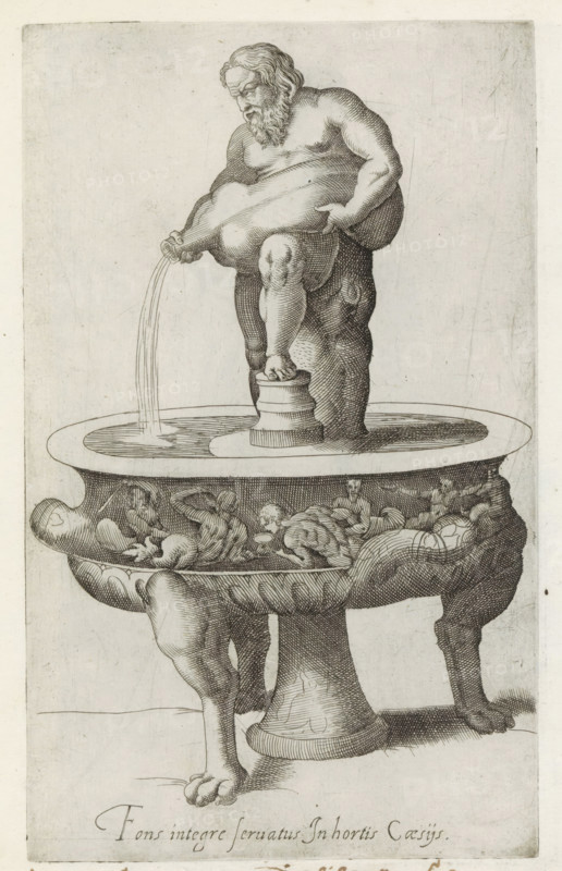 Fountain consisting of the Torloni Vase and a sculpture of Silenus with a wineskin, Sculptures from antiquity, print, album page, Caption in Latin. Print is part of an album., inscription: 'Ende lib. no. 2. fol. 13.', inscription: 'Ende ... lib. No. 27., Ende lib. No. 21. fol. 2., Ende lib. No. 23. fol. 143.', number: '85', Italy, 1600 - 1699, printmaker, paper, engraving, gravure, height 222 mm x width 135 mm, This print is part of a series of at least 50 prints of sculptures from antiquity., piece of sculpture, reproduction of a piece of sculpture, garden vase, ornamental fountain, vase, ornament, (story of) Silenus, A detailed engraving shows a large stone basin supported by carved legs with pawed feet, the basin rim decorated with reclining and partially draped human figures and ornamental motifs, and a stout central pedestal rising from the basin floor to support a sculpted male figure standing with one foot on a small cylindrical plinth; the male figure is bearded with wavy hair,...