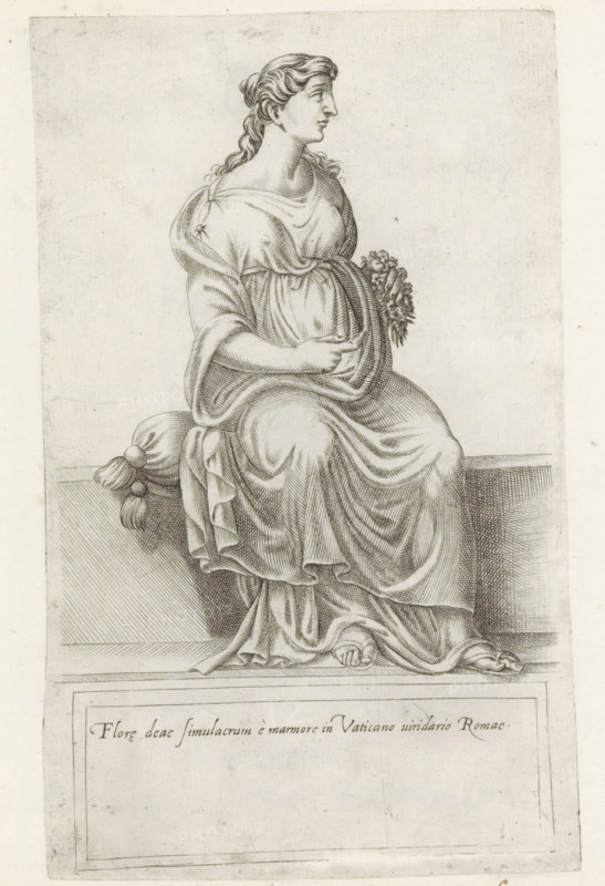 Sculpture of Flora, Sculptures from antiquity, print, album page, Caption in Latin. Print is part of an album., inscription: 'Ende lib. No. 20. fol. 41. Ende lib. No. 2. fol. 105.', inscription: 'Ende lib. No. 5. fol. 86. Ende lib. No. 2. fol. 105', number: '86', Italy, 1600 - 1699, printmaker, paper, engraving, etching, height 224 mm x width 138 mm, This print is part of a series of at least 50 prints of sculptures from antiquity., piece of sculpture, reproduction of a piece of sculpture, (story of) Flora, A seated classical female figure rendered in fine line work wearing draped garments gathered at the waist and falling in folds around her legs, her hair styled back in waves and tied, her head turned in profile, one hand resting on her abdomen and the other holding a small cluster of flowers, she sits on a cushioned ledge with tassels visible at the side and her feet and toes peeking from beneath the robes, the scene framed by a rectangular border and set against a plain, lightly te...