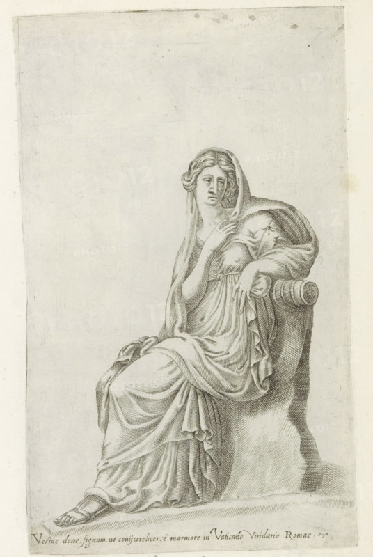Sculpture of a Vestal Virgin, Sculptures from antiquity, print, album page, Caption in Latin. Print is part of an album., number: '86', inscription: 'Ende lib. No. 5. fol. 86. Ende lib. No. 2. fol. 105', inscription: 'Ende lib. No. 20. fol. 41. Ende lib. No. 2. fol. 105.', Italy, 1600 - 1699, printmaker, paper, engraving, etching, height 224 mm x width 138 mm, This print is part of a series of at least 50 prints of sculptures from antiquity., piece of sculpture, reproduction of a piece of sculpture, Vestal virgin(s), A monochrome engraving of a seated woman draped in flowing robes, shown from head to foot and positioned slightly to the right of center, with one arm resting on a sculpted chair arm and the other hand held near her chest; she wears a veil over her hair, her facial expression appears solemn, and detailed line work defines the folds and texture of her garments and the curved patterning of the chair, with a plain, lightly textured background surrounding the figure.