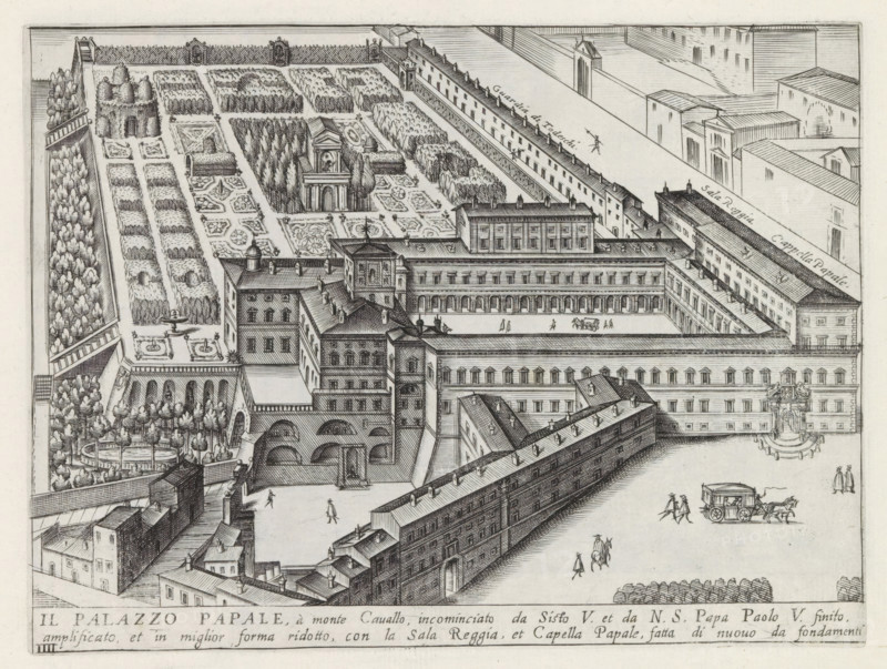 Il Palazzo Papale, à monte Cavallo, incominciato da Sisto V. et da NS Papa Paolo V, Palazzo del Quirinale and gardens in Rome, Monuments and buildings erected during the pontificates of Popes Paul V and Sixtus V, print, album page, Series number, 4, 12, View of the Palazzo del Quirinale and gardens on the Quirinal in Rome. Title in Italian in the bottom margin. Print is part of an album., inscription: 'Ende, Ende lib. No. 8. fol. 134. n. 1., End lib. No. 2. fol. 52 et 152...', number: '9', printmaker: Matthäus Greuter, Rome, grantor of privilege: Paul V, Vatican City, 1618, paper, engraving, height 168 mm x width 225 mm, This print is part of a series of twelve prints depicting monuments and buildings erected during the pontificates of Pope Paul V and Sixtus V., garden, palace, Quirinal, Palazzo del Quirinale, A detailed black and white engraving shows a large formal complex of connected classical buildings surrounding a rectangular paved courtyard with arched galleries and multiple st...
