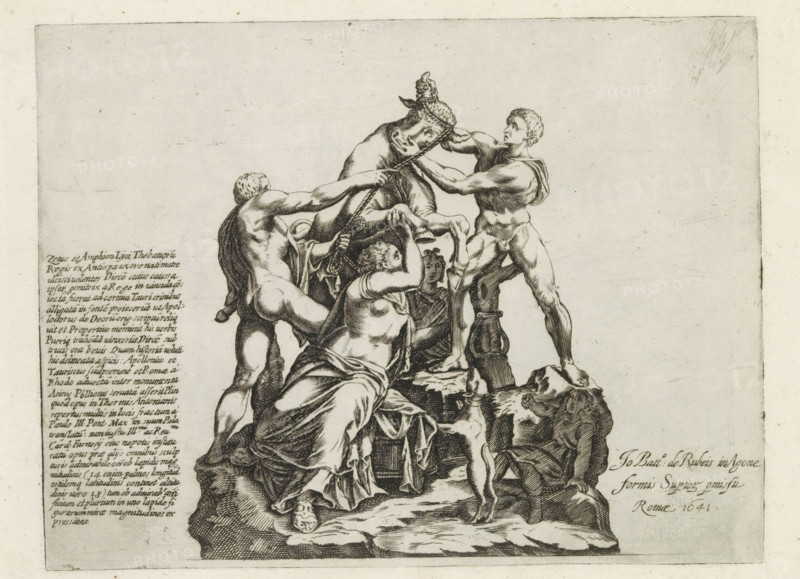 Farnese Bull, Dirce is tied to a bull, Sculptures from antiquity, print, album page, Ancient sculpture known as the Farnese Bull. The brothers Amphion and Zethus tie Dirce's braided hair to the horns of a bull. Caption in Latin. Print is part of an album., inscription: 'Ende lib. No. 21. fol. 205. 206., Ende lib. no. 2. fol. 3 et 4.', number: '92', Italy, publisher: Giovanni Battista de' Rossi, Rome, publisher: Antonio Salamanca, grantor of privilege: Urban VIII, Vatican City, 1538, 1641, Giovanni Battista de' Rossi, Antonio Salamanca, Urban VIII, printmaker, publisher, grantor of privilege, paper, engraving, height 178 mm x width 235 mm, This print is part of a series of at least 19 prints of sculptures from antiquity., piece of sculpture, reproduction of a piece of sculpture, Amphion and Zethus avenge their mother by tying Dirce to the horns of a bull, A detailed black and white engraving shows a group of partially draped and nude figures arranged on rocky ledges; two standing muscul...