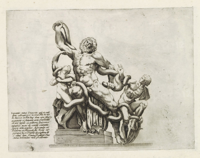 Sculpture of Laocoön and his sons, Sculptures from antiquity, print, album page, The Laocoön Group. Caption in Latin. Print is part of an album., inscription: 'Ende lib. No. 23. fol. 645, 804., Ende lib. No. 21. fol. 20. 21., Ende lib. No. 1. fol. 15.', number: '93', Italy, publisher: Giovanni Battista de' Rossi, Rome, publisher: Antonio Salamanca, grantor of privilege: Urban VIII, Vatican City, 1538, 1641, Giovanni Battista de' Rossi, Antonio Salamanca, Urban VIII, printmaker, grantor of privilege, paper, engraving, height 180 mm x width 237 mm, This print is part of a series of at least 19 prints of sculptures from antiquity. This group of statues is located in the Cortile del Belvedere in the Vatican Museums., piece of sculpture, reproduction of a piece of sculpture, Laocoon and his twin sons are strangled by two serpents during the preparations for a sacrifice, A monochrome engraving of a classical sculpture group shows a central bearded male figure with a muscular torso leaning ba...