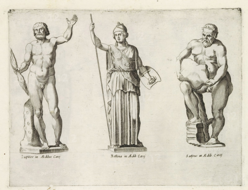 Sculptures of Jupiter, Bellona, and Silenus with a wineskin, Sculptures from antiquity, print, album page, Caption in Latin. Print is part of an album., inscription: 'Ende lib. No. 20 fol. 60., et lib. No. 4. fol. 104., Ende lib. No. 1. fol. 53 ... Ende lib. No. 23. fol. 143.', number: '94', Italy, publisher: Giovanni Battista de' Rossi, Rome, publisher: Antonio Salamanca, grantor of privilege: Urban VIII, Vatican City, 1538, 1641, Giovanni Battista de' Rossi, Antonio Salamanca, Urban VIII, printmaker, grantor of privilege, paper, engraving, height 182 mm x width 239 mm, This print is part of a series of at least 19 prints of sculptures from antiquity., piece of sculpture, reproduction of a piece of sculpture, (story of) Silenus, (story of) Jupiter (Zeus), Three carved figures stand side by side on a pale background. The left figure is a bearded male nude with curly hair, one arm raised and the other holding a long leafy object, his body showing muscular definition and his feet on a re...
