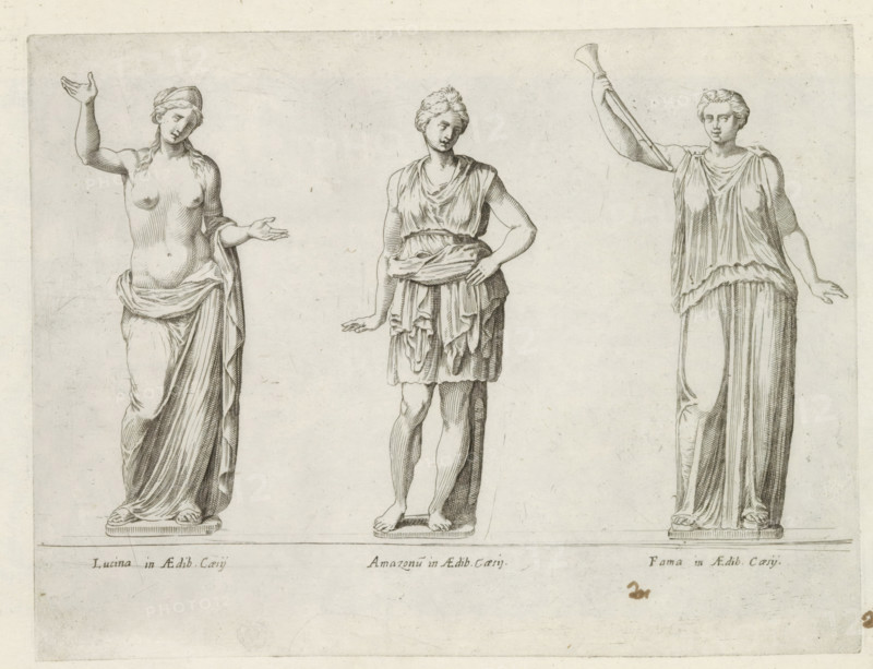 Sculptures of Lucina, an Amazon and Fame, Sculptures from antiquity, print, album page, Caption in Latin. Print is part of an album., inscription: 'Ende lib. No. 19. fol. 25., Ende lib. No. 23. fol. 143., Ende lib. No. 21. fol. 2., ... lib. fol. 27.', number: '95', Italy, publisher: Giovanni Battista de' Rossi, Rome, publisher: Antonio Salamanca, grantor of privilege: Urban VIII, Vatican City, 1538, 1641, Giovanni Battista de' Rossi, Antonio Salamanca, Urban VIII, printmaker, grantor of privilege, paper, engraving, height 182 mm x width 240 mm, This print is part of a series of at least 19 prints of sculptures from antiquity., piece of sculpture, reproduction of a piece of sculpture, Fame, 'Fama', 'Fama buona', 'Fama chiara' (Ripa), (story of) the Amazons, Lucina, Three standing classical-style female figures are shown against a light plain background, each on a small rectangular plinth. The left figure is partially draped with a cloth around the hips and legs, an exposed torso, one ar...