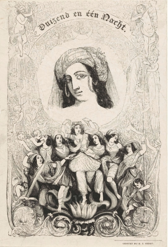 Title page for: Hendrik Frijlink, One Thousand and One Nights, 1848, Arab women, print, title page, Bust of an Arab woman with turban and jewelry, surrounded by angels and putti. At the bottom a group of Arab women with veils, standing on a lily., printmaker: Andrew, Best & Leloir, maker: Rousseau, printer (person): KJ Gieben, Utrecht, publisher: C. van der Post (II), printer (person), paper, etching, height 222 mm x width 148 mm, Title page for: Frijlink, Hendrik. One Thousand and One Nights, Arab Tales. Part One. Utrecht: Post, C. van der (jr.), 1848. Print from a scrapbook with title prints, ornaments, etc. on blue paper, disassembled in 1983. According to a note on the verso, the print was on p. 192 of this album., Asiatic races and peoples (with NAME), A tall vertical engraving shows a large central portrait of a woman’s head wearing a headscarf and bead-like adornments, framed by an ornate arch filled with floral scrollwork. Above the portrait are two winged cherubic figures perc...
