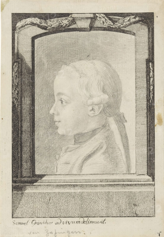 Unknown boy in profile, print, Portrait of a boy, in profile facing left. Drawn portrait within a printed frame., printmaker: Samuel Gränicher, Dresden, c. 1780 - c. 1795, draftsman (artist), Saxony, paper, pencil, engraving, etching, drawing, engraving and drawing with pencil in etched frame, height 143 mm x width 99 mm, anonymous historical person portrayed alone, A framed pencil profile portrait of a young person facing left, showing a closely rendered head with short, wavy hair tied at the back with a ribbon, a visible ear, and a calm facial expression. The figure wears a high-collared garment with folds and buttons sketched along the front. The portrait sits within an ornate rectangular border that features woven or braided decorative elements at the top corners and textured shading along the sides and bottom. The background inside the frame is softly shaded, while the surrounding paper shows faint aging and small spots.