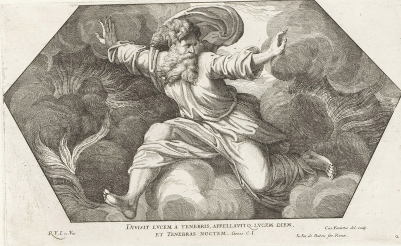 God separates the light from the darkness, Raphael Bible, Paintings in the Loggia by Raphael, Imagines Veteris ac Novi Testamenti, print, album page, Series number, 2, 52, God, an old man with a beard, pushes clouds away from the flames in the foreground on the left. Bible verse below the image. Print is part of an album., number: '125', printmaker: Cesare Fantetti, Italy, after painting by Raphael, Vatican City, publisher: Giovanni Giacomo de' Rossi, Rome, grantor of privilege: Papal Court, 1675, Cesare Fantetti, Raphael, Giovanni Giacomo de' Rossi, Papal Court, grantor of privilege, paper, etching, height 191 mm x width 310 mm, Print is part of a series of 55 prints, consisting of three unnumbered prints and a set of 52 numbered prints after the paintings in the Loggia by Raphael., division of light and darkness, An engraved black and white image of a bearded man seated on swirling clouds inside a hexagonal frame, wearing flowing drapery that wraps around his torso and legs, his hair...