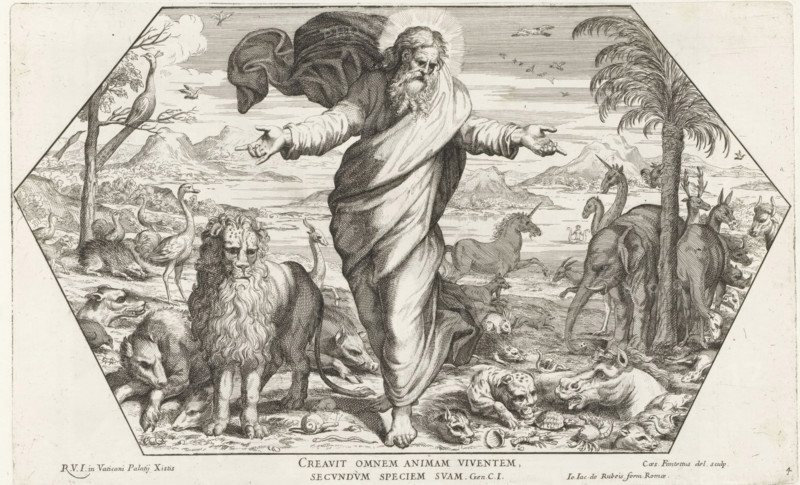 Creation of the Animals, Imagines Veteris ac Novi Testamenti, Raphael Bible, Paintings in the Loggia of Raphael, print, album page, Series number, 4, 52, God, an old man with a beard, stands in a landscape among various animals that he has just created. Bible verse below the image. Print is part of an album., number: '127', printmaker: Cesare Fantetti, Italy, after painting by Raphael, Vatican City, publisher: Giovanni Giacomo de' Rossi, Rome, grantor of privilege: Papal Court, 1675, Cesare Fantetti, Raphael, Giovanni Giacomo de' Rossi, Papal Court, grantor of privilege, paper, etching, height 191 mm x width 309 mm, Print is part of a series of 55 prints, consisting of three unnumbered prints and a set of 52 numbered prints after the paintings in the Loggia by Raphael., Genesis, A central robed bearded man stands with arms outstretched, a radiance around his head and a flowing cloak behind him, surrounded by a variety of animals on a shoreline with distant hills; to his left a lion wit...