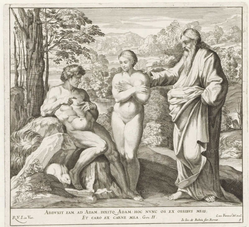 God creates Adam and Eve, Paintings in the Loggia by Raphael, Raphael Bible, Imagines Veteris ac Novi Testamenti, print, album page, Series number, 5, 52, God, an old man with a beard, stands in a landscape with Adam and Eve whom he has just created. Bible verse below the image. Print is part of an album., number: '128', printmaker: Cesare Fantetti, Italy, after painting by Raphael, Vatican City, publisher: Giovanni Giacomo de' Rossi, Rome, grantor of privilege: Papal Court, 1675, Cesare Fantetti, Raphael, Giovanni Giacomo de' Rossi, Papal Court, grantor of privilege, paper, etching, height 239 mm x width 258 mm, Print is part of a series of 55 prints, consisting of three unnumbered prints and a set of 52 numbered prints after the paintings in the Loggia by Raphael., creation of Eve, the man (Adam) comes to life: usually God reaches out his hand or breathes life into his nostrils, A detailed black and white engraving showing three human figures in a natural landscape; a seated muscular...