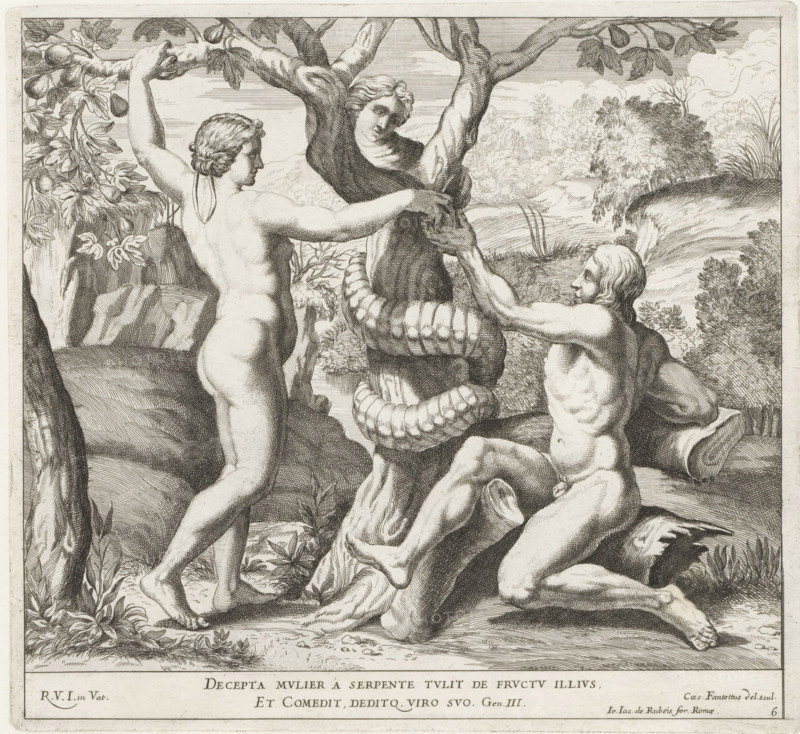 Adam and Eve eating the forbidden fruit, Raphael Bible, Imagines Veteris ac Novi Testamenti, Paintings in the Loggia by Raphael, print, album page, Series number, 6, 52, Adam and Eve by a tree. A snake with a human head coils around the tree. Eve gives Adam an apple. Bible verse below the image. Print is part of an album., number: '129', printmaker: Cesare Fantetti, Italy, after painting by Raphael, Vatican City, publisher: Giovanni Giacomo de' Rossi, Rome, grantor of privilege: Papal Court, 1675, Cesare Fantetti, Raphael, Giovanni Giacomo de' Rossi, Papal Court, grantor of privilege, paper, etching, height 238 mm x width 260 mm, Print is part of a series of 55 prints, consisting of three unnumbered prints and a set of 52 numbered prints after the paintings in the Loggia by Raphael., Adam and Eve holding (and possibly eating) the fruit, A detailed black and white engraving shows three human figures around a tree with a thick coiled serpent; one figure stands with their back to the view...