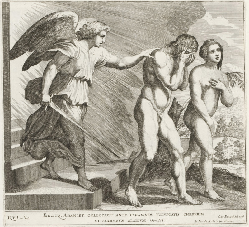 Expulsion from Paradise, Raphael Bible, Imagines Veteris ac Novi Testamenti, Paintings in the Loggia by Raphael, print, album page, Series number, 7, 52, Adam and Eve are expelled from Paradise by an angel with a sword. Bible verse below the image. Print is part of an album., number: '130', printmaker: Cesare Fantetti, Italy, after painting by Raphael, Vatican City, publisher: Giovanni Giacomo de' Rossi, Rome, grantor of privilege: Papal Court, 1675, Cesare Fantetti, Raphael, Giovanni Giacomo de' Rossi, Papal Court, grantor of privilege, paper, etching, height 238 mm x width 258 mm, Print is part of a series of 55 prints, consisting of three unnumbered prints and a set of 52 numbered prints after the paintings in the Loggia by Raphael., expulsion of Adam and Eve from paradise (Genesis 3:22-24), A winged figure in flowing drapery descends steps while holding a sword and resting a hand on the shoulder of a nude male figure who covers his face with his hands; beside him stands a nude fema...