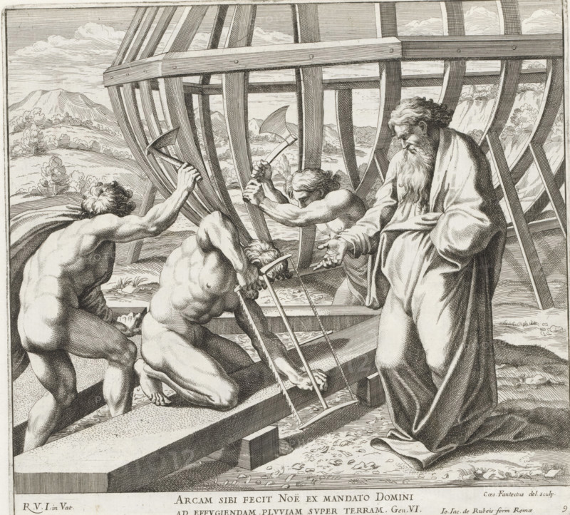 Noah building the ark, Imagines Veteris ac Novi Testamenti, Raphael Bible, Paintings in the Loggia by Raphael, print, album page, Series number, 9, 52, Noah and his three sons build the ark. Bible verse below the image. Print is part of an album., number: '131', printmaker: Cesare Fantetti, Italy, after painting by Raphael, Vatican City, publisher: Giovanni Giacomo de' Rossi, Rome, grantor of privilege: Papal Court, 1675, Cesare Fantetti, Raphael, Giovanni Giacomo de' Rossi, Papal Court, grantor of privilege, paper, etching, height 238 mm x width 257 mm, Print is part of a series of 55 prints, consisting of three unnumbered prints and a set of 52 numbered prints after the paintings in the Loggia by Raphael., the building of the ark, and the embarkation (Genesis 7:5-9), A detailed monochrome engraving shows a large wooden frame of a boat under construction with curved ribs and beams. In the foreground three mostly nude men strain while using a saw and axes on the timber, muscles tensed ...