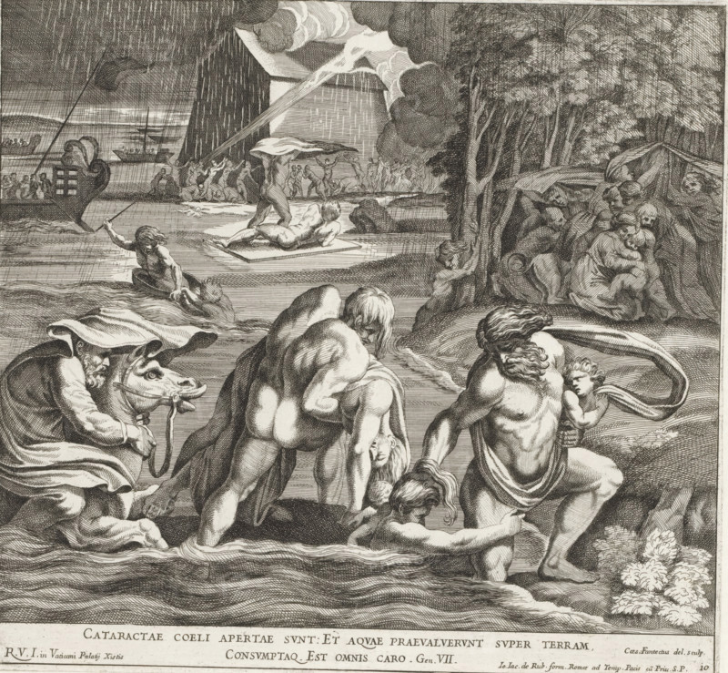 The Flood, Raphael Bible, Imagines Veteris ac Novi Testamenti, Paintings in the Loggia by Raphael, print, album page, Series number, 10, 52, The Flood overflows the land. People and animals are swallowed by the water. People try to escape the rising water. Bible verse below the image. Print is part of an album., number: '132', printmaker: Cesare Fantetti, Italy, after painting by Raphael, Vatican City, publisher: Giovanni Giacomo de' Rossi, Rome, grantor of privilege: Papal Court, 1675, Cesare Fantetti, Raphael, Giovanni Giacomo de' Rossi, Papal Court, grantor of privilege, paper, etching, height 238 mm x width 256 mm, Print is part of a series of 55 prints, consisting of three unnumbered prints and a set of 52 numbered prints after the paintings in the Loggia by Raphael., the Flood and destruction of mankind, story of Noah (Genesis 7:10 - 8:17), A densely hatched black and white engraving showing muscular nude figures moving through water toward shore while others carry a limp body an...