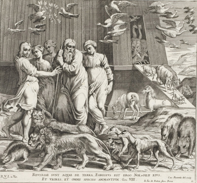 Noah leaves the ark after the flood, Paintings in the Loggia by Raphael, Raphael Bible, Imagines Veteris ac Novi Testamenti, print, album page, Series number, 11, 52, Noah and his family leave the ark together with all the animals. Bible verse below the image. Print is part of an album., number: '133', printmaker: Cesare Fantetti, Italy, after painting by Raphael, Vatican City, publisher: Giovanni Giacomo de' Rossi, Rome, grantor of privilege: Papal Court, 1675, Cesare Fantetti, Raphael, Giovanni Giacomo de' Rossi, Papal Court, grantor of privilege, paper, etching, height 239 mm x width 256 mm, Print is part of a series of 55 prints, consisting of three unnumbered prints and a set of 52 numbered prints after the paintings in the Loggia by Raphael., the disembarkation, story of Noah (Genesis 8:18 - 9:17), An engraving showing a group of human figures in flowing garments clustered together near the entrance of a large rectangular wooden structure, with an elderly bearded man leaning on a...