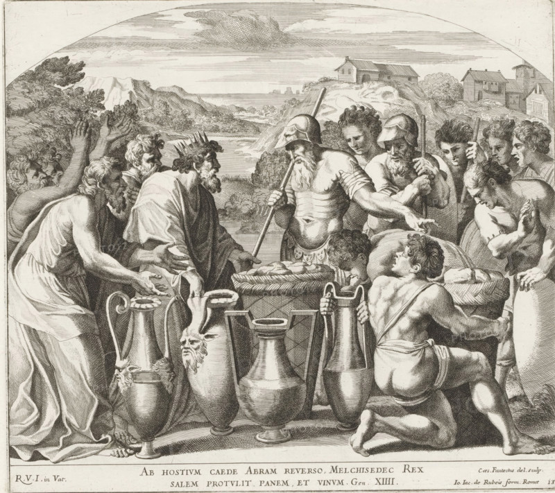 Meeting between Abraham and Melchizedek, Raphael Bible, Paintings in the Loggia by Raphael, Imagines Veteris ac Novi Testamenti, print, album page, Series number, 13, 52, Abraham and his men are welcomed by Melchizedek, the king and high priest of Salem. Melchizedek offers Abraham bread and wine. Bible verse below the image. Print is part of an album., number: '135', printmaker: Cesare Fantetti, Italy, after painting by Raphael, Vatican City, publisher: Giovanni Giacomo de' Rossi, Rome, grantor of privilege: Papal Court, 1675, Cesare Fantetti, Raphael, Giovanni Giacomo de' Rossi, Papal Court, grantor of privilege, paper, etching, height 236 mm x width 262 mm, Print is part of a series of 55 prints, consisting of three unnumbered prints and a set of 52 numbered prints after the paintings in the Loggia by Raphael., the meeting of Abraham and Melchizedek, the high priest and king of Salem, who brings bread and wine (Genesis 14:18-20), A detailed black and white engraving shows a group of ...